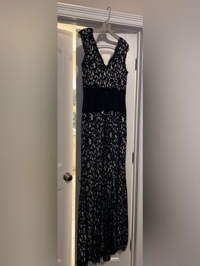 Tadashi Shoji Blue and White Strapless Sheath Maxi Dress